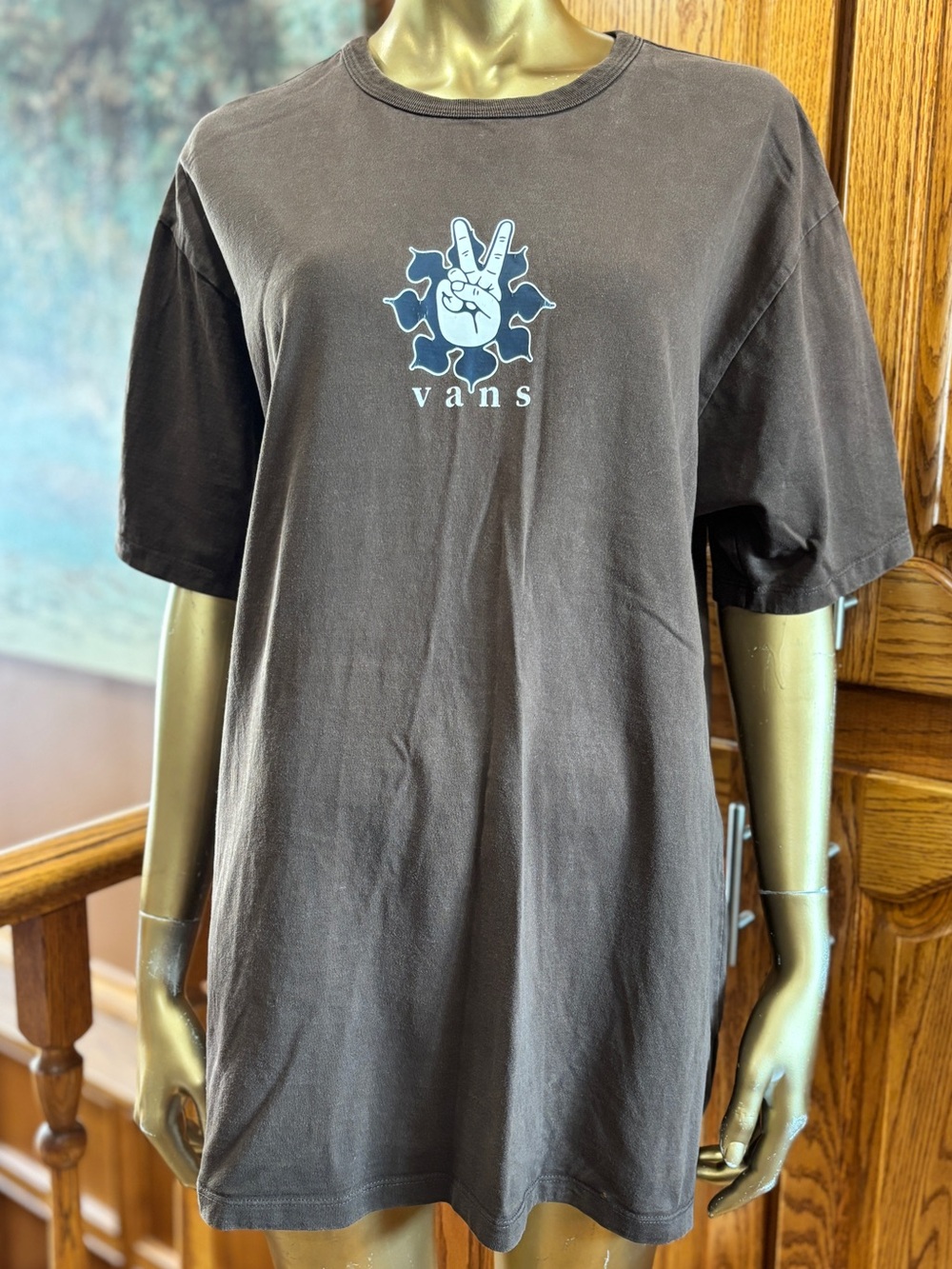 Vans Brown Short-Sleeve Tee with Light Blue Peace Hand Graphic